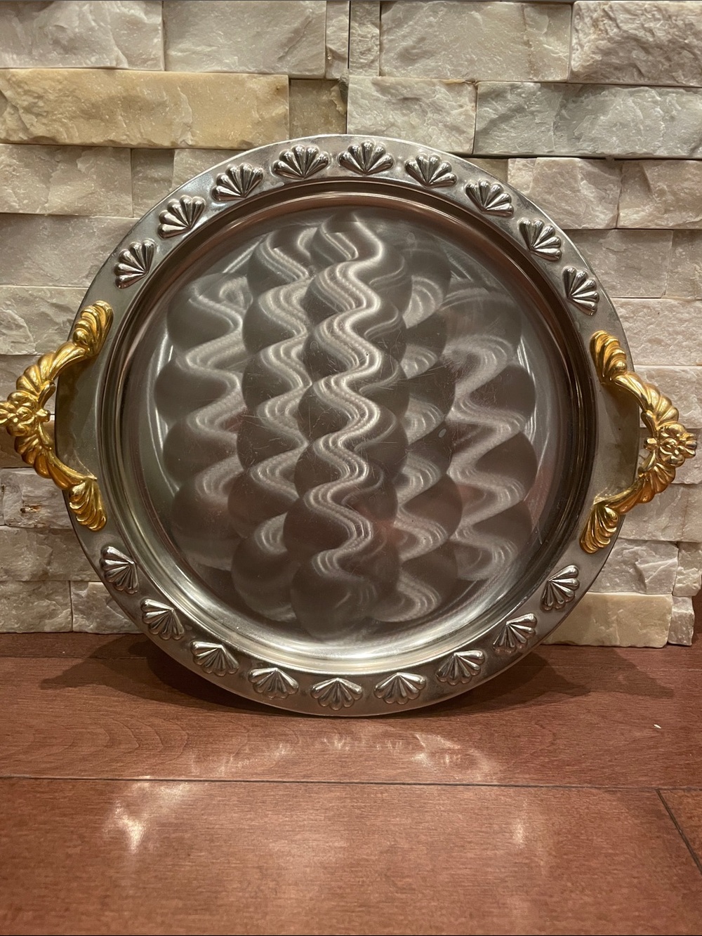 Ornate Metal Serving Tray with Gold Handles - Silver & Gold